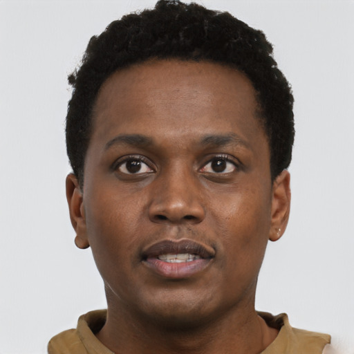 Neutral black young-adult male with short  black hair and brown eyes
