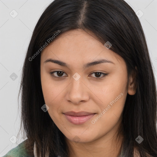 Joyful asian young-adult female with long  brown hair and brown eyes