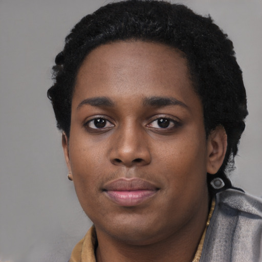 Neutral black young-adult female with short  black hair and brown eyes