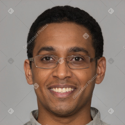 Joyful latino adult male with short  black hair and brown eyes