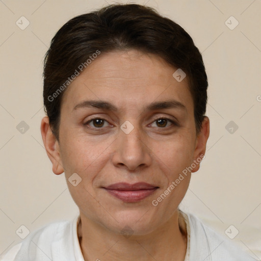 Joyful white adult female with short  brown hair and brown eyes