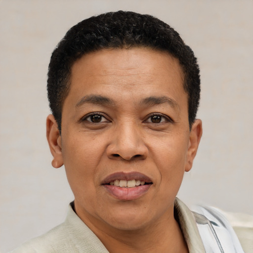 Joyful black adult male with short  black hair and brown eyes