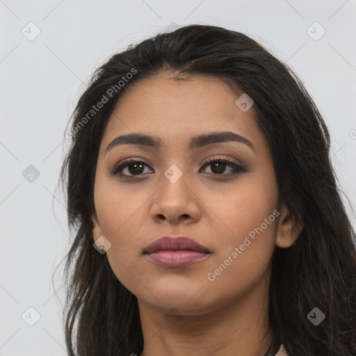 Neutral latino young-adult female with long  brown hair and brown eyes