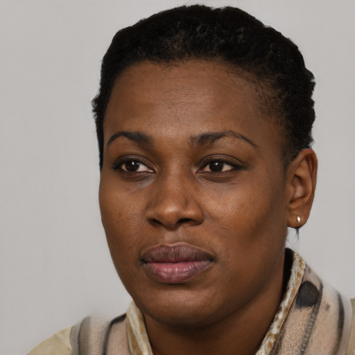 Joyful black young-adult female with short  black hair and brown eyes