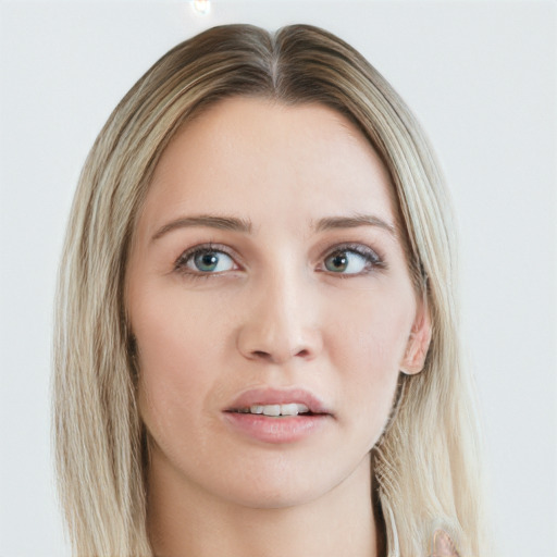 Neutral white young-adult female with long  brown hair and blue eyes