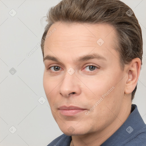 Neutral white adult male with short  brown hair and brown eyes