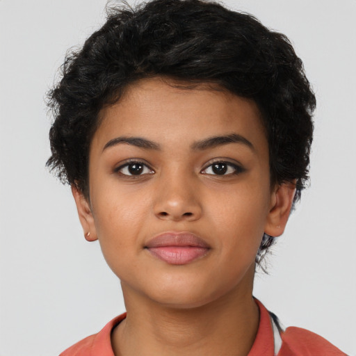 Neutral latino young-adult female with short  black hair and brown eyes