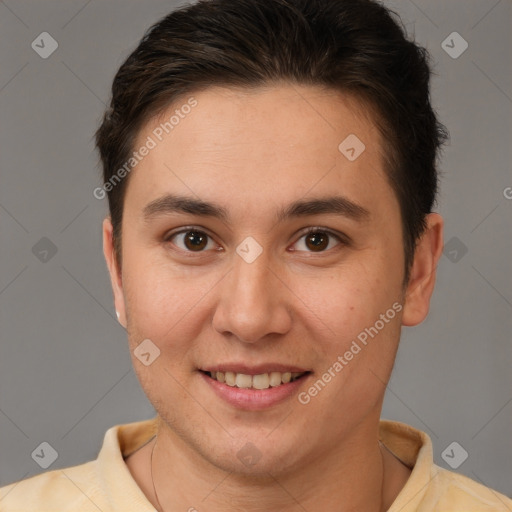 Joyful white young-adult female with short  brown hair and brown eyes