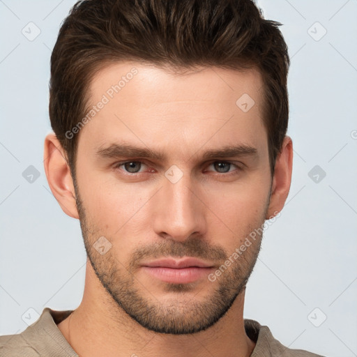 Neutral white young-adult male with short  brown hair and brown eyes