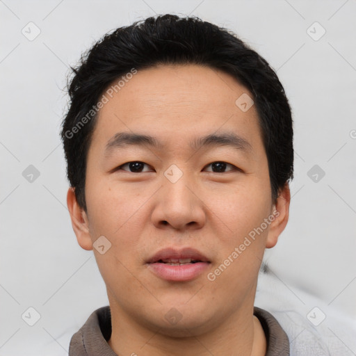 Neutral asian young-adult male with short  black hair and brown eyes