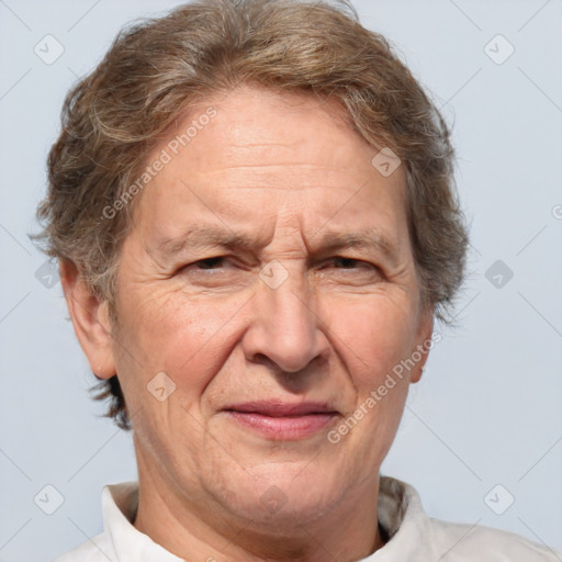 Joyful white middle-aged male with short  brown hair and brown eyes