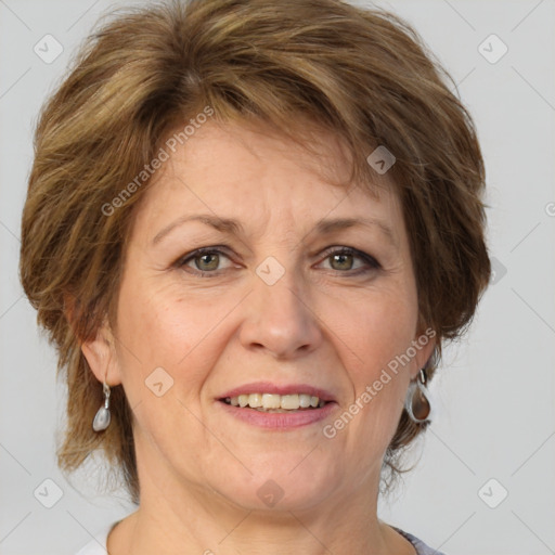 Joyful white adult female with medium  brown hair and grey eyes