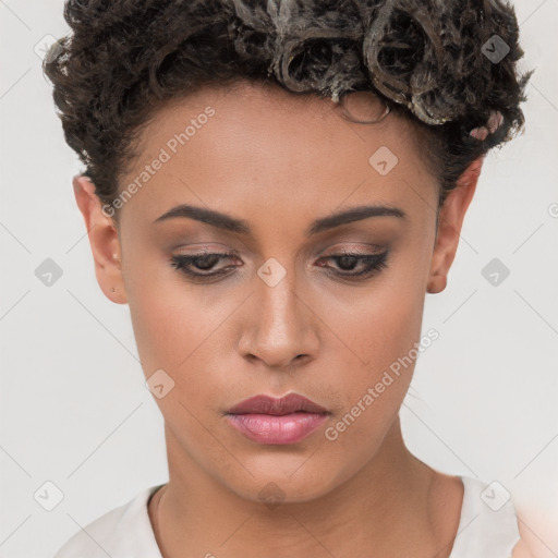 Neutral white young-adult female with short  brown hair and brown eyes