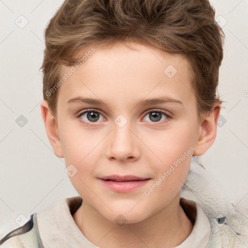 Joyful white child female with short  brown hair and brown eyes