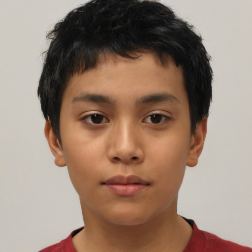 Neutral latino child male with short  black hair and brown eyes