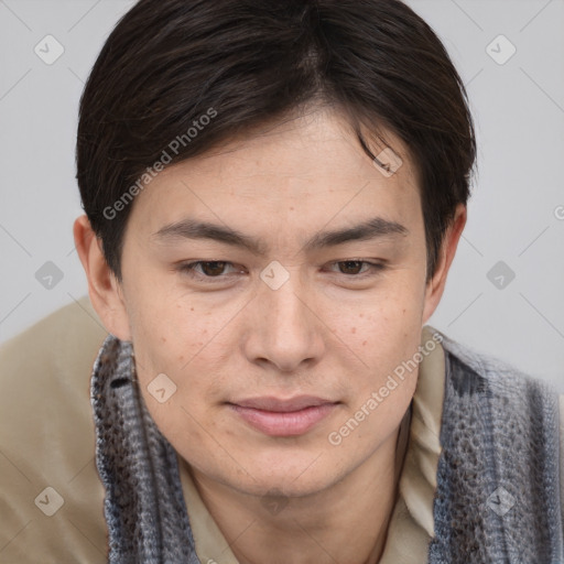 Joyful asian young-adult male with short  brown hair and brown eyes