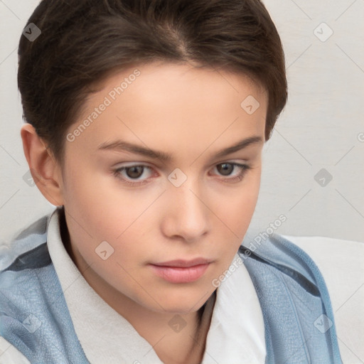 Neutral white young-adult female with short  brown hair and brown eyes