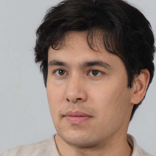 Neutral asian adult male with short  brown hair and brown eyes