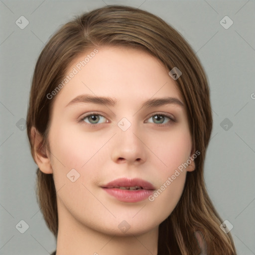 Neutral white young-adult female with long  brown hair and green eyes