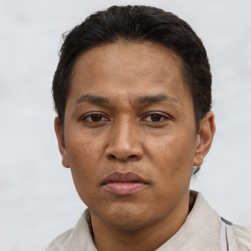 Neutral asian adult male with short  brown hair and brown eyes