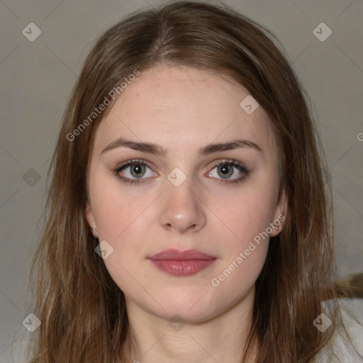 Neutral white young-adult female with medium  brown hair and brown eyes