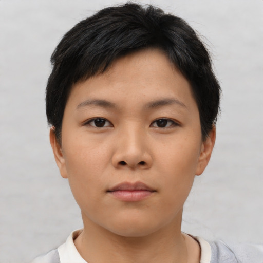 Neutral asian young-adult female with short  brown hair and brown eyes