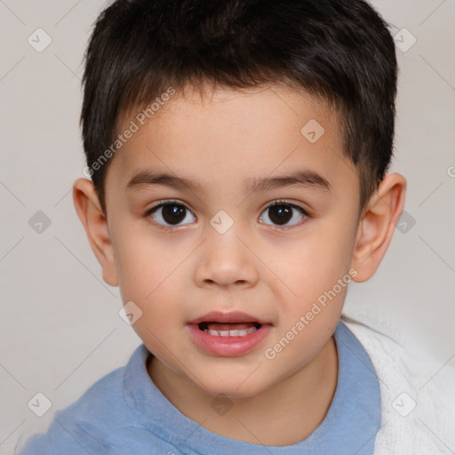 Joyful white child male with short  brown hair and brown eyes