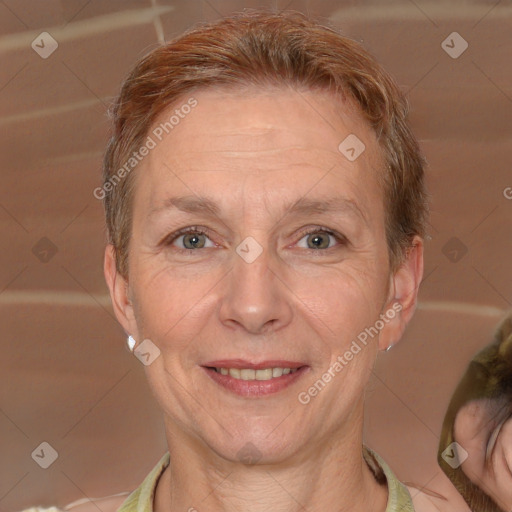 Joyful white adult female with short  brown hair and brown eyes