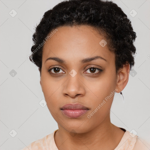 Neutral black young-adult female with short  black hair and brown eyes