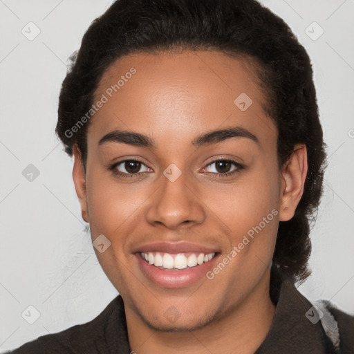 Joyful white young-adult female with short  black hair and brown eyes