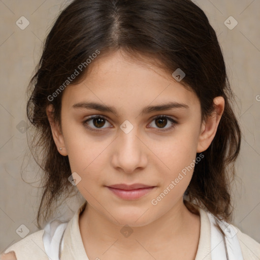 Joyful white child female with medium  brown hair and brown eyes