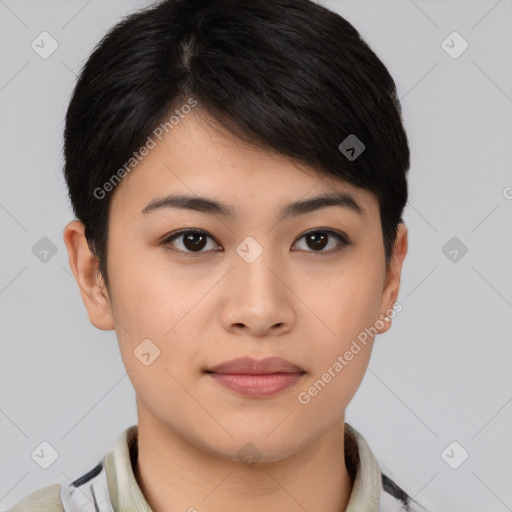 Joyful asian young-adult female with short  brown hair and brown eyes