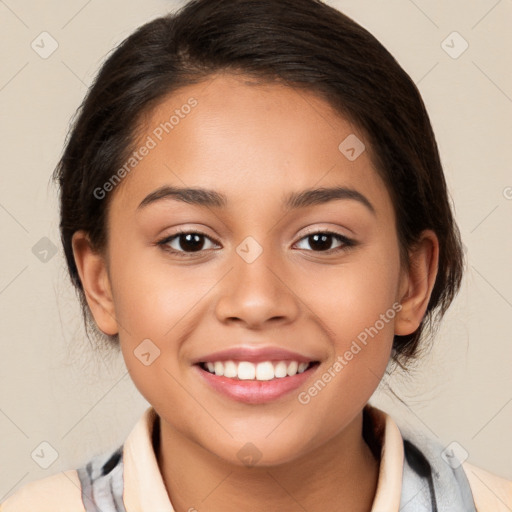 Joyful white young-adult female with medium  brown hair and brown eyes