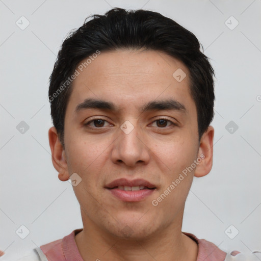 Joyful white young-adult male with short  black hair and brown eyes