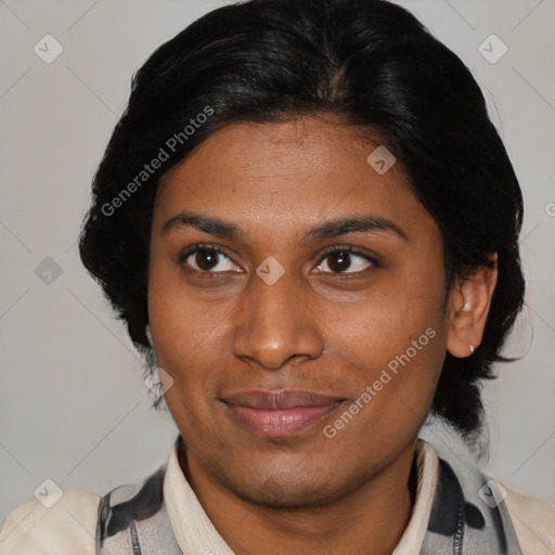 Joyful latino young-adult female with medium  brown hair and brown eyes