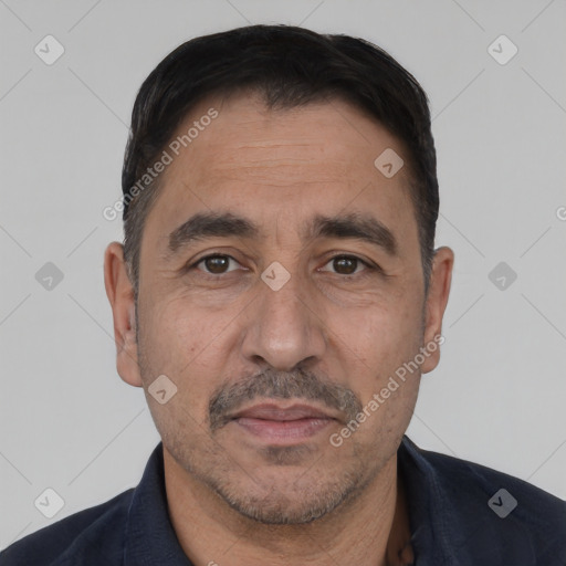 Neutral white adult male with short  black hair and brown eyes
