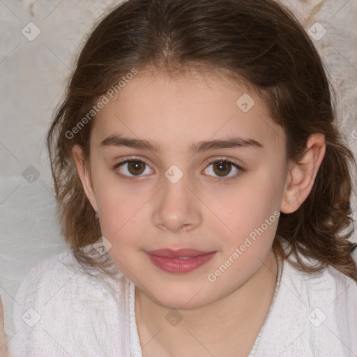 Joyful white child female with medium  brown hair and brown eyes