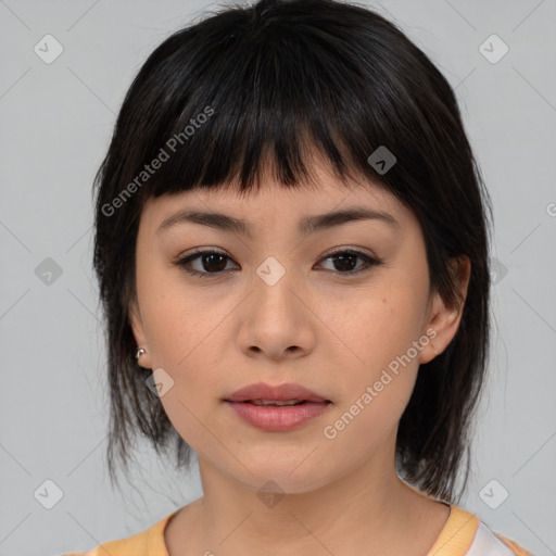 Neutral asian young-adult female with medium  brown hair and brown eyes