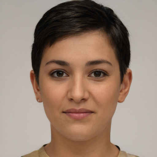 Joyful white young-adult female with short  brown hair and brown eyes