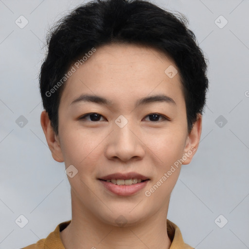 Joyful asian young-adult female with short  black hair and brown eyes