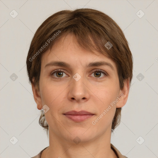 Neutral white young-adult female with short  brown hair and grey eyes