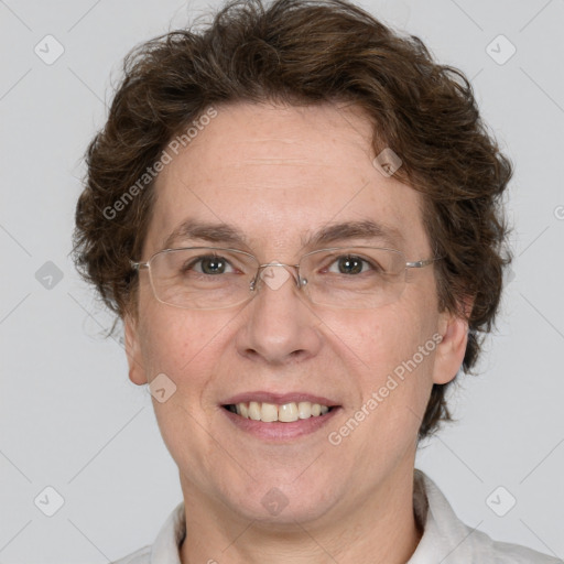 Joyful white adult male with short  brown hair and grey eyes