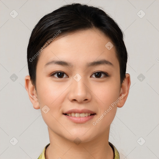 Joyful white young-adult female with short  brown hair and brown eyes