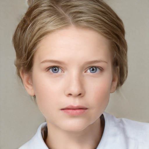 Neutral white child female with short  brown hair and grey eyes