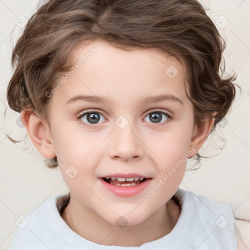 Joyful white child female with medium  brown hair and grey eyes