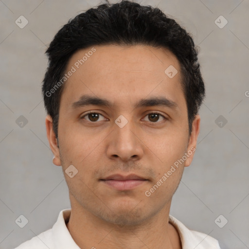 Neutral asian young-adult male with short  black hair and brown eyes