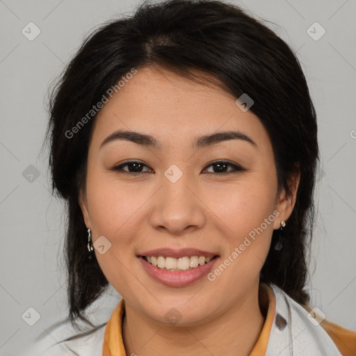 Joyful latino young-adult female with medium  brown hair and brown eyes