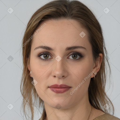 Joyful white young-adult female with medium  brown hair and brown eyes