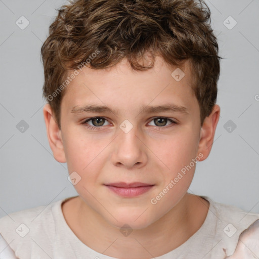 Joyful white child male with short  brown hair and brown eyes