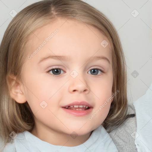 Joyful white child female with medium  brown hair and blue eyes